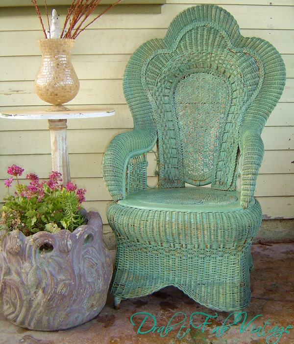 VICTORIAN RATTAN CHAIR - Vintage Antique Wicker Woven Garden Patio Sunroom Porch Bedroom Scroll Designs Painted Turquoise Aqua