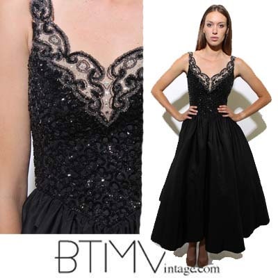50s MIKE BENET ball gown beaded rhinestone illusion sheer crinoline full skirt princess dress prom formal party black sequin glamour XS S
