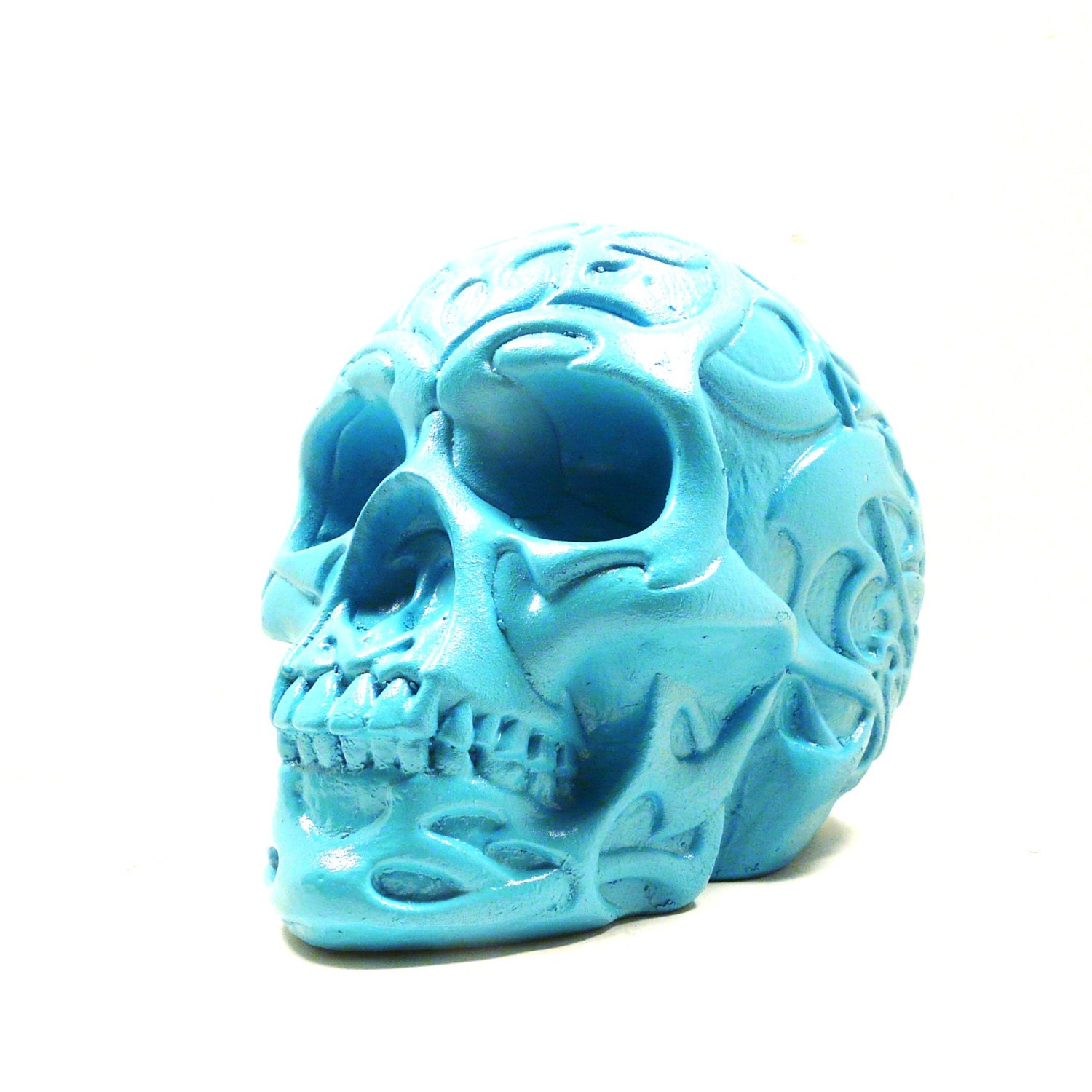 plaster skull sculpture, tribal, home decor, skull art, sugar skulls, turquoise, surfer, tiki, summer decor, goth, day of the dead