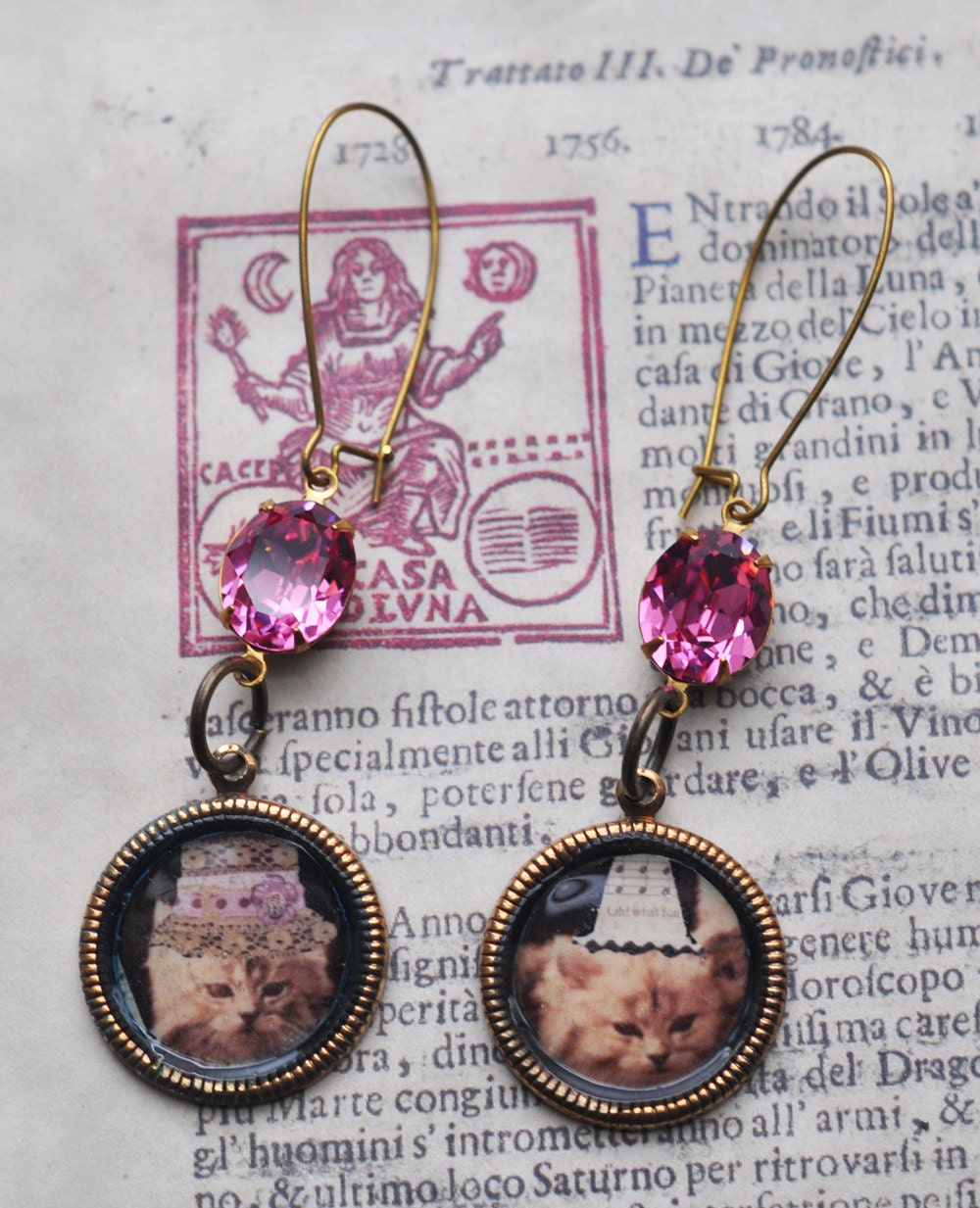 Neo Victorian kitty earrings with Vintage Swarovskis,  100% charity donation