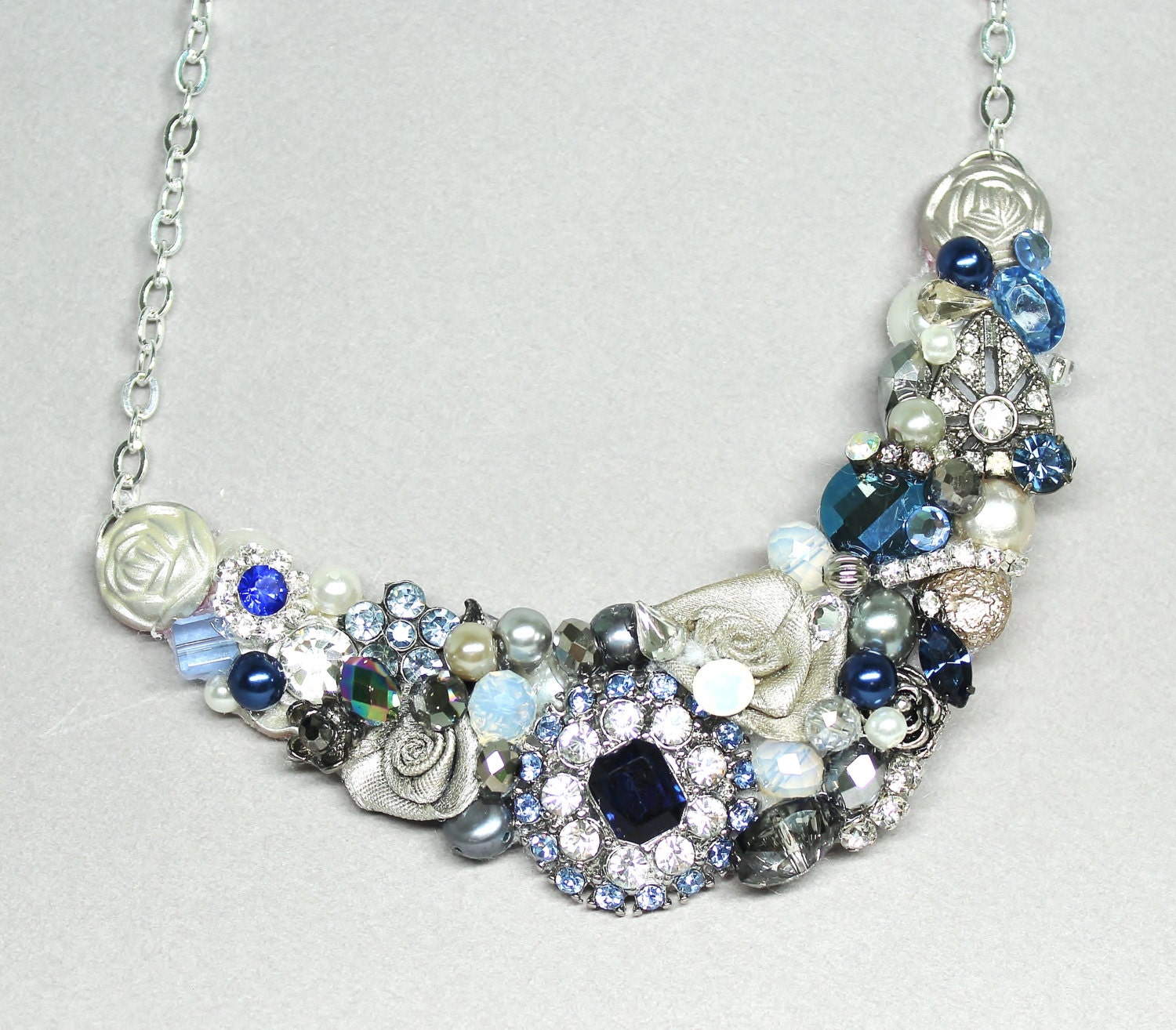 Navy Statement Necklace-Cobalt Blue- Blue Bridal Necklace- Something Blue- Navy Blue Bib Necklace- Rhinestone Necklace- Blue Accessories