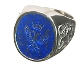 Lapis Salisbury Eagle with Crown Intaglio Sterling Silver Family Crest Ring.