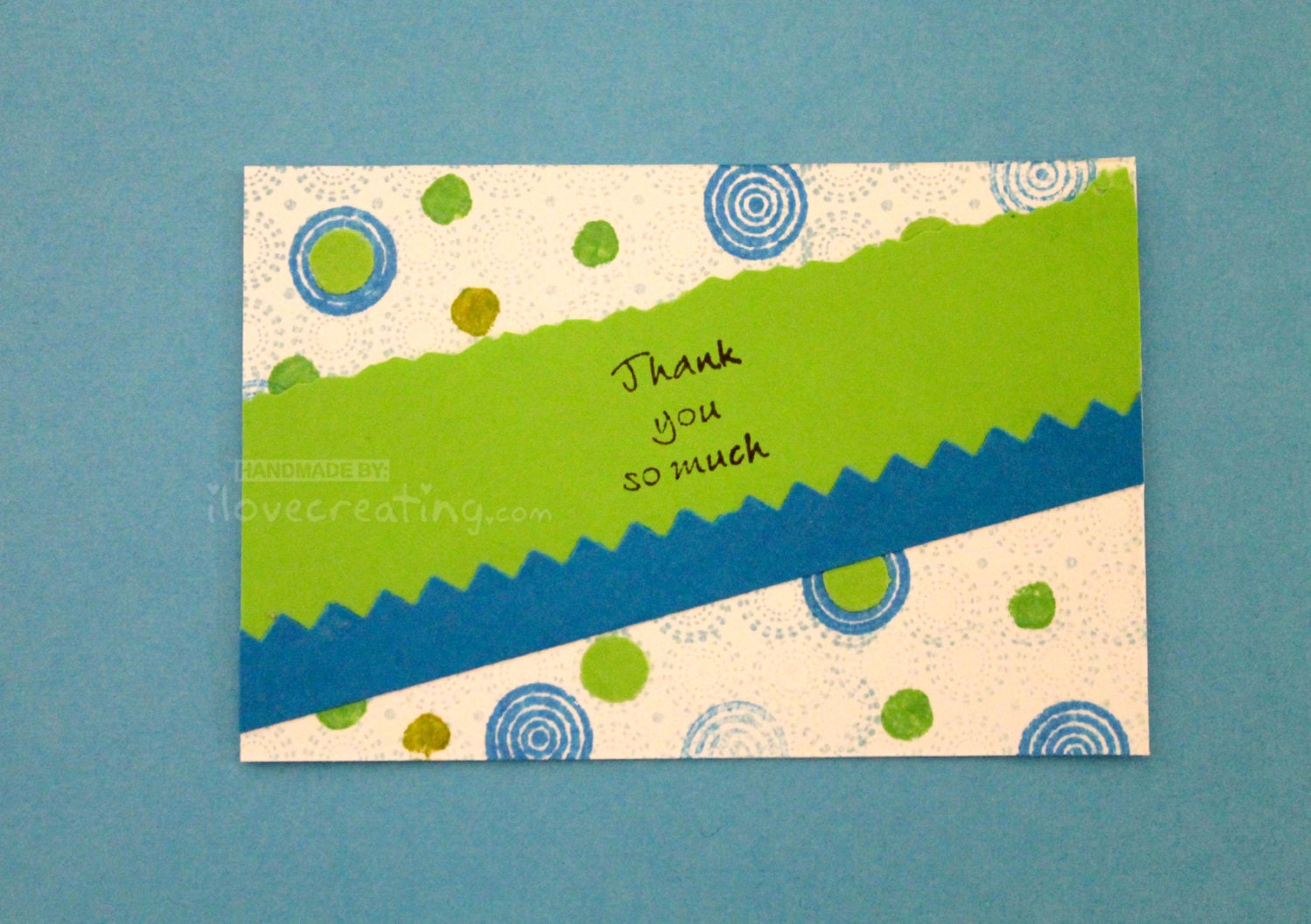 Thank you cards Gift tags SET of 10 Handmade Hand-stamped with blue and green chartreuse choose your design