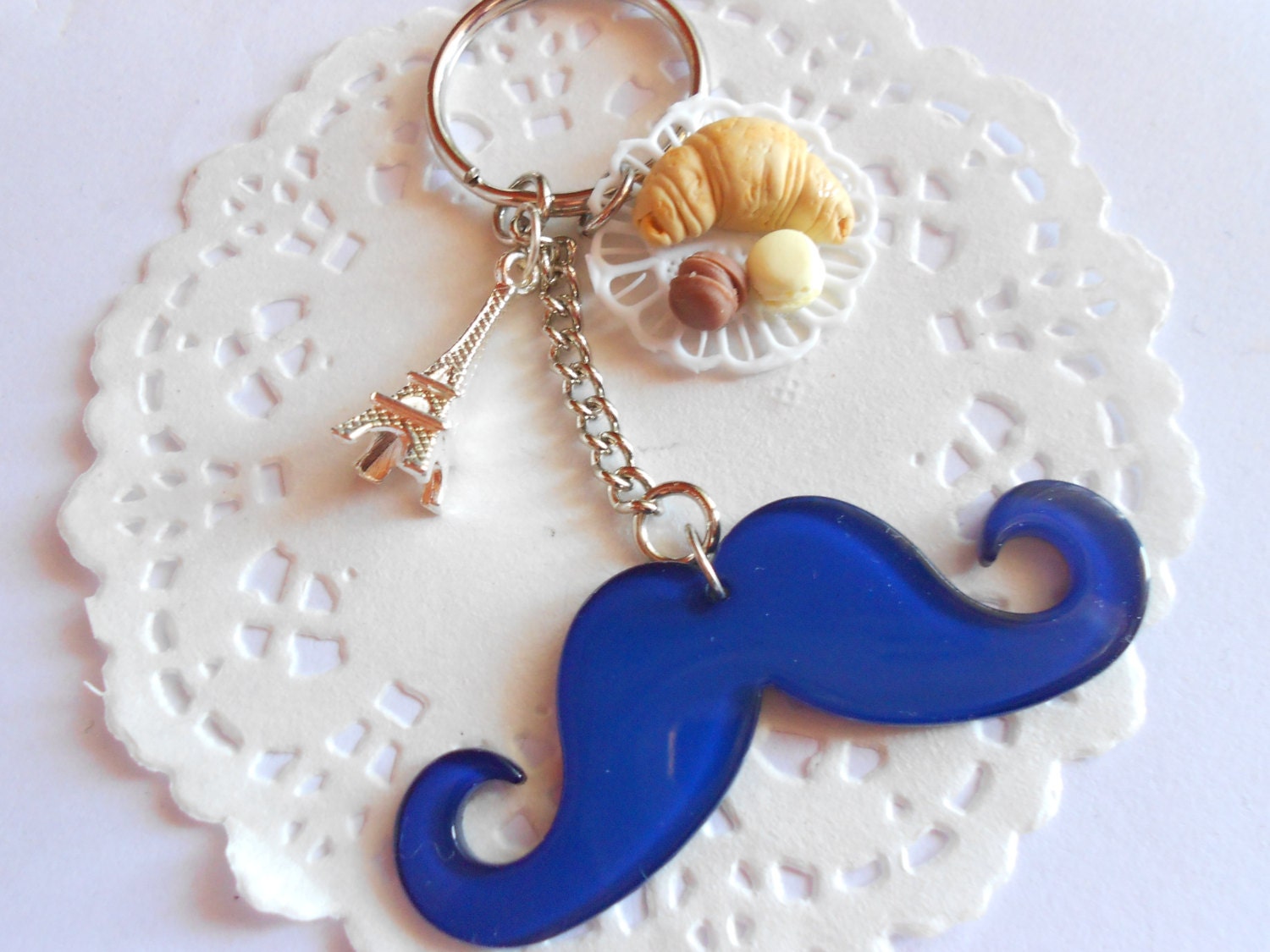 Neon blue mustache key ring - Paris collection - handamde miniature polymer clay food jewelry