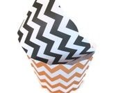 Set of 12 Orange and Black Chevron Cupcake Wrappers - Halloween, Fall Parties, Chevron Cupcakes
