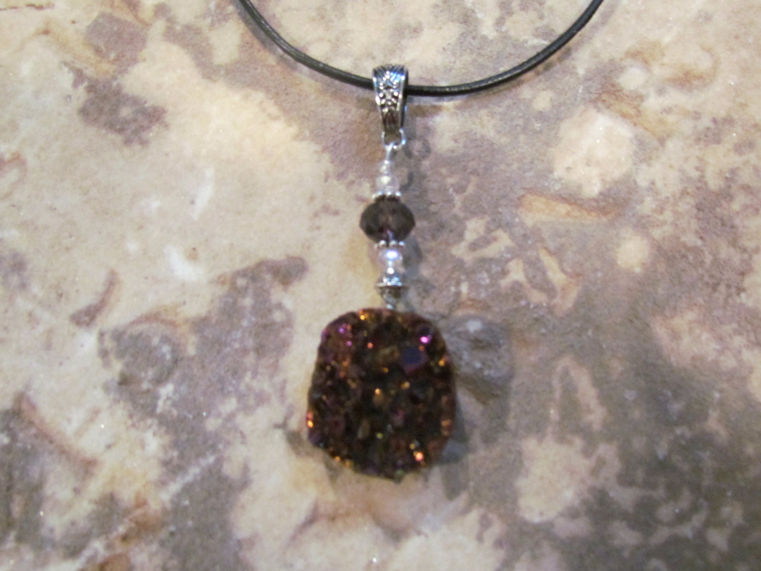 Natural Amethyst Titanium Druzy Pendant w/ Swarovski crystals