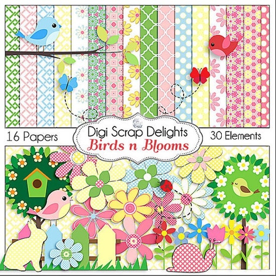 Birds n Blooms Scrapbook Kit for Digital Scrapbooking Card Making, Crafts, Party Favors, etc. Birds Flowers Clip Art, Instant Download