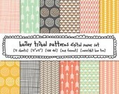 tribal patterns digital paper, girls photography background papers, pink aqua gray mustard triangles arrows dots, instant download 440