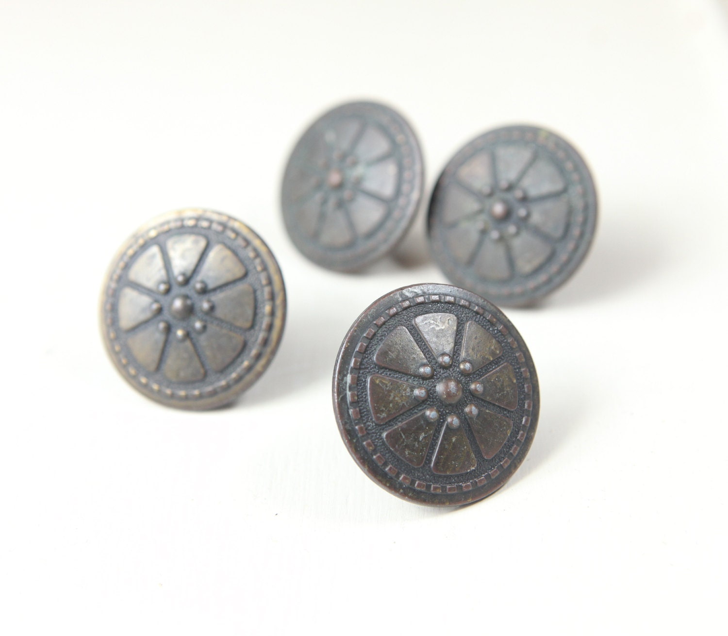 Brass Round Drawer, Cabinet Pulls, knobs w/ flower pattern (set of 4)