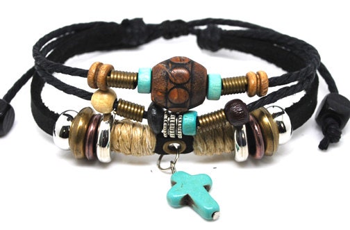 Turquoise Cross Tribal Leather Hemp Bracelet Surfer Wristband Cuff with Wood Beads for Mens Womens A303