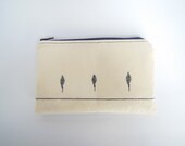 Cotton Zipper Pouch / Cosmetic Bag / Embroidered trees Natural color navy