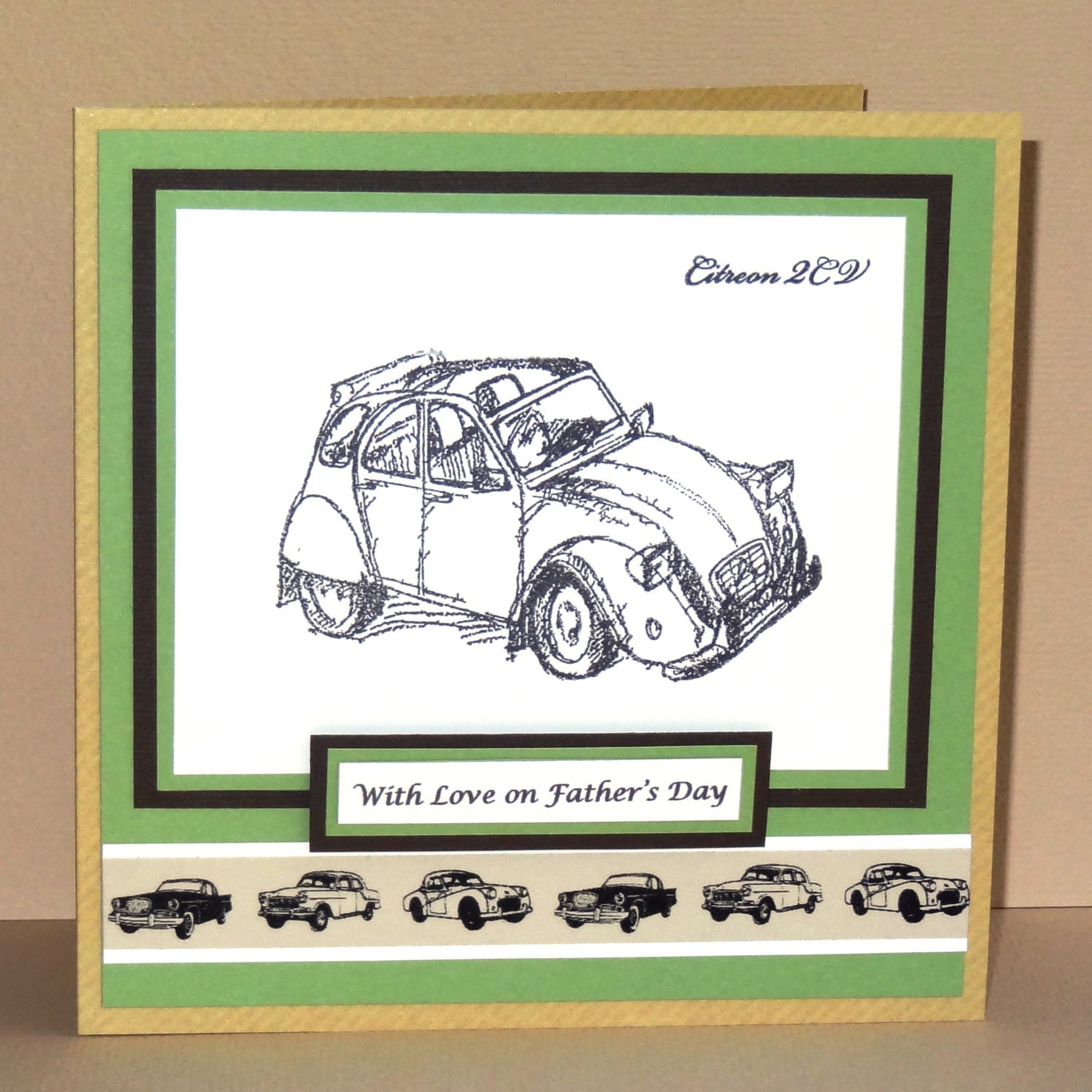 Citroen 2CV hand stamped Father's Day card (can be personalised, names, occasion, birthday, etc)