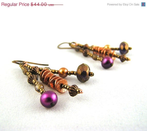 20 % VACATION SALE Woodland earrings in warm bronze, copper and purple shades with freshwater pearls