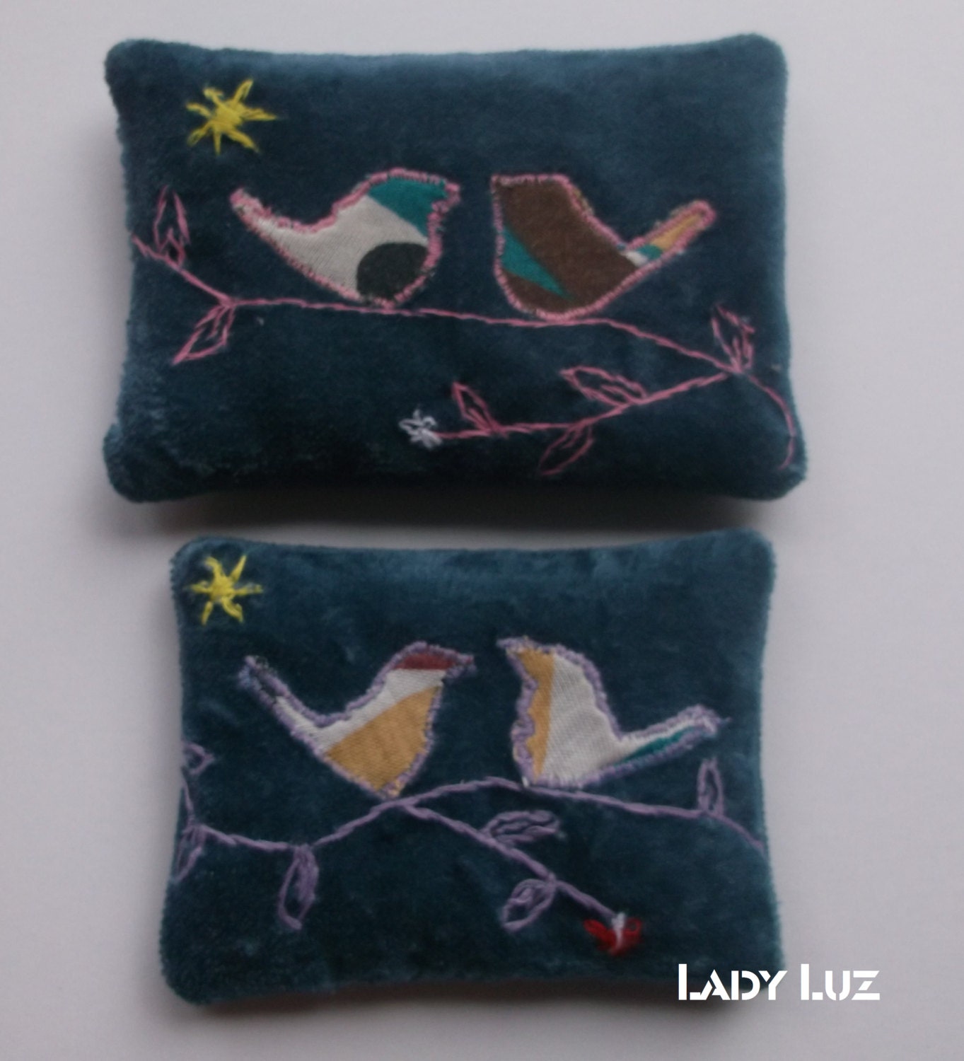 2 Birds in a Branch -Velvet Cotton Teal Blue Deco Pillow Sachet  filled with French dried Lavender flowers bloom buds Aromatherapy Ornament