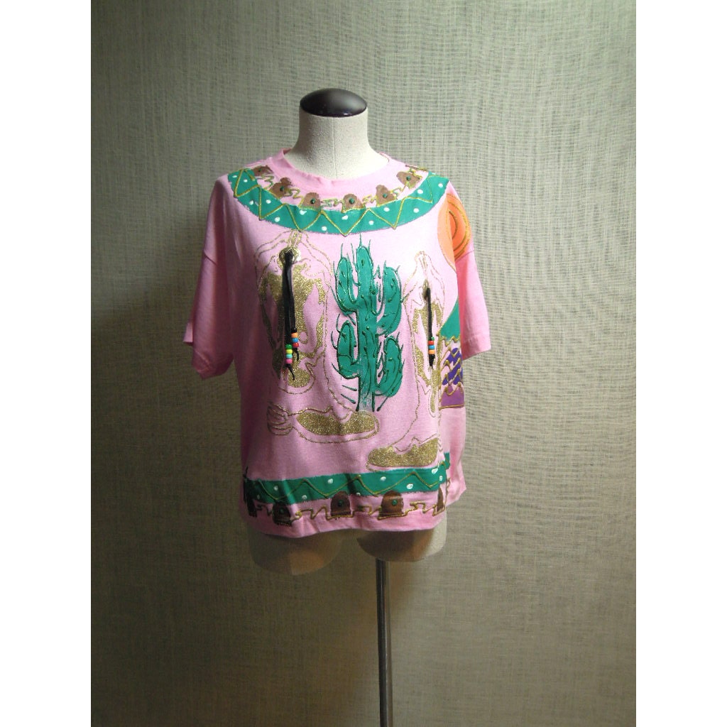 80s pink Oversized desert Cowboy Boot cactus puffy glitter paint tassel beaded tee shirt tshirt  top // womens one size fits all