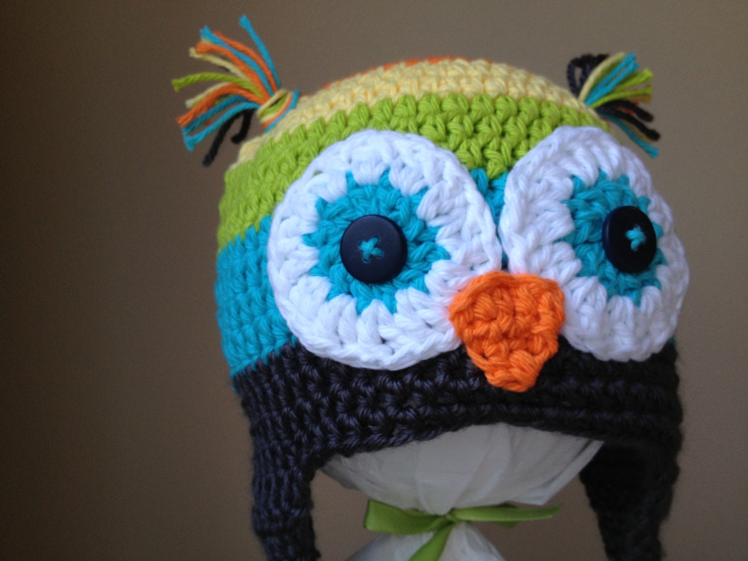 Crocheted Owl Beanie, Childs, gender neutral, rainbow