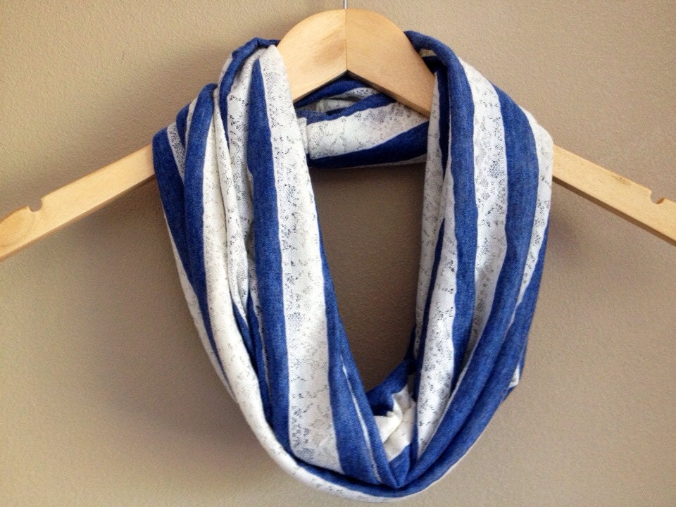 Dusty Blue and Lace Striped Infinity Scarf, jersey knit