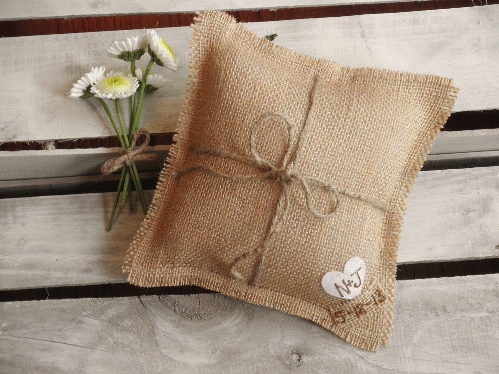 8" x 8" Natural Burlap Ring Bearer Pillow w/ Jute Twine and Heart -Personalize w/ Initials & Wed Date- Rustic/Country/Shabby Chic/Wedding
