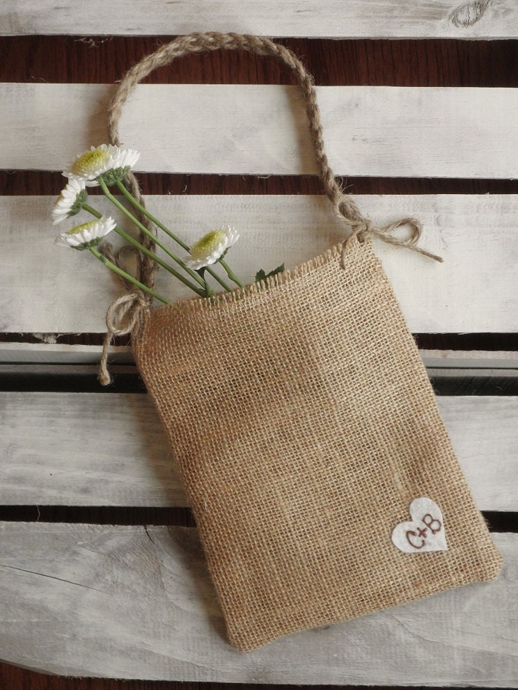 Burlap Flower Girl Bag w/ Heart and Jute Twine Handle - Choose Your Color-Personalize w/ Initals- Country/Shabby Chic/Rustic/Folk/Wedding