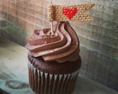 Set of 12-Burlap Heart Flag Cupcake Toppers-3 Burlap Colors Available-Wedding/Bridal Shower/Baby Shower/Engagement Party-Folk/Rustic/Country