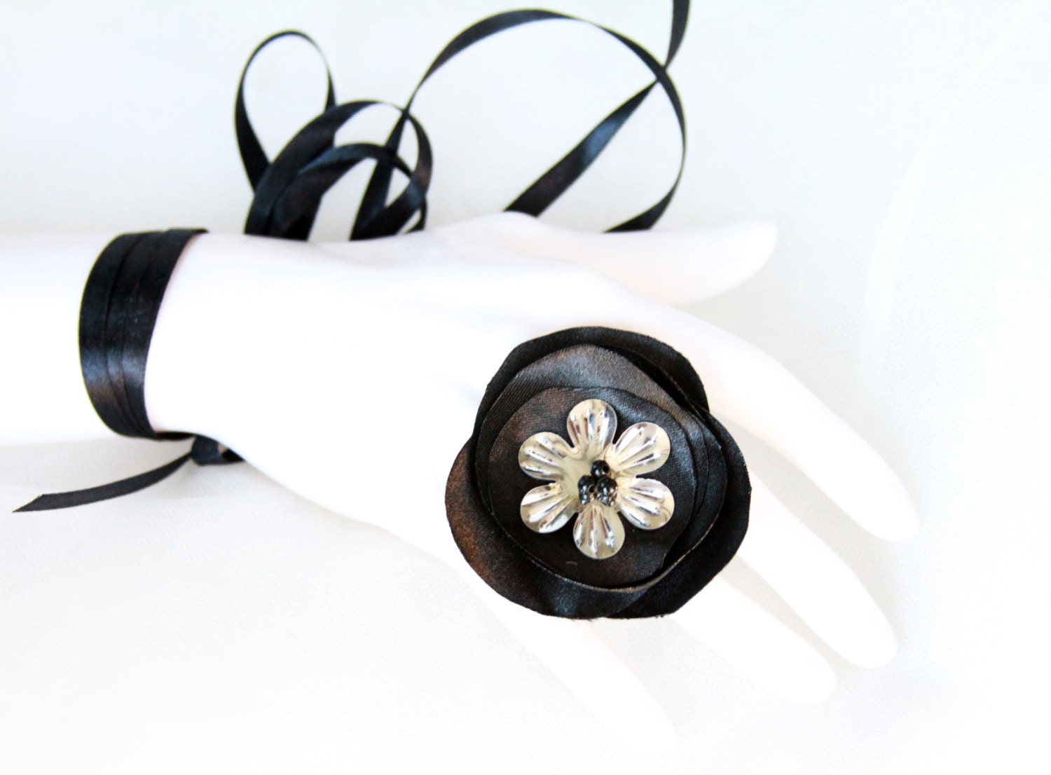 Black Silver Statement Floral Ring - Big Beaded Fiber Flower Adjustable Cocktail Rings