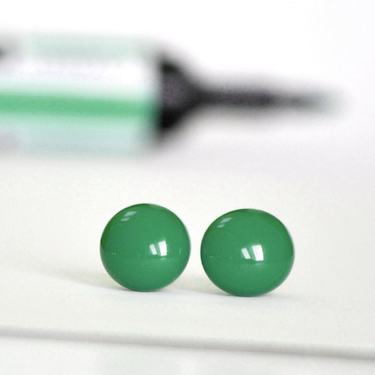 Emerald ball - silver plated, fused glass stud / post earrings
