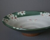 handmade small stoneware serving bowl w/ white cherry blossoms in Japanese/Art Nouveau style