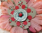 OOAK  GIFT TAG - Repurposed Assemblage Flower - Red Pink Green Teal