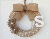 RESERVED FOR KWR - 12-Inch White Polka-Dot Burlap Wreath w/ Burlap Bow, Jute Flowers and White Initial