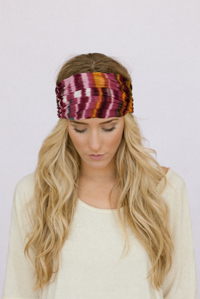 Purple Stretchy Headband - Multi-Color Tie Dye Mesh Gauze Women's wide hair band urban turban head wrap headband (HBM-03)