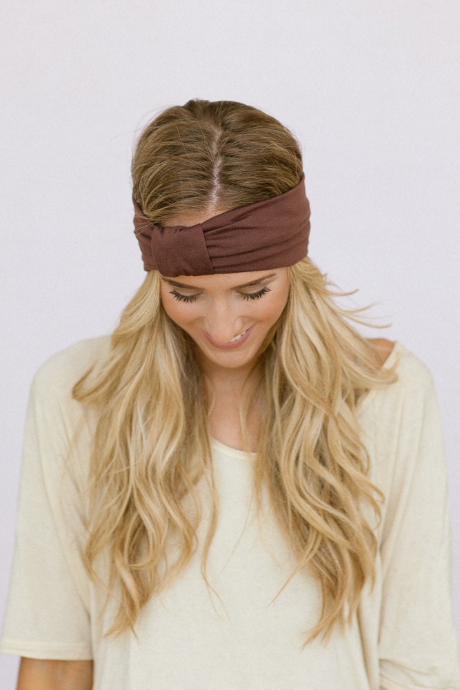 Mocha Turband Headband - Sparrow Headband in Brown Stretchy Jersey Hair Band Ruched with Fabric Wrap
