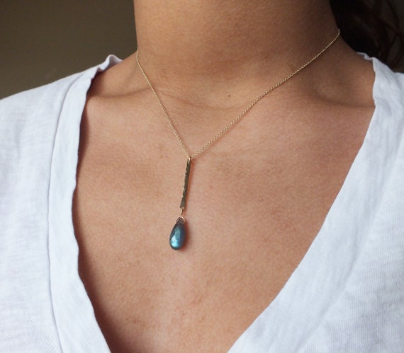 Gold Filled Hammered Bar and Gemstone Necklace - Everyday Necklace - Gold Filled Bar Necklace - Gemstone Necklace