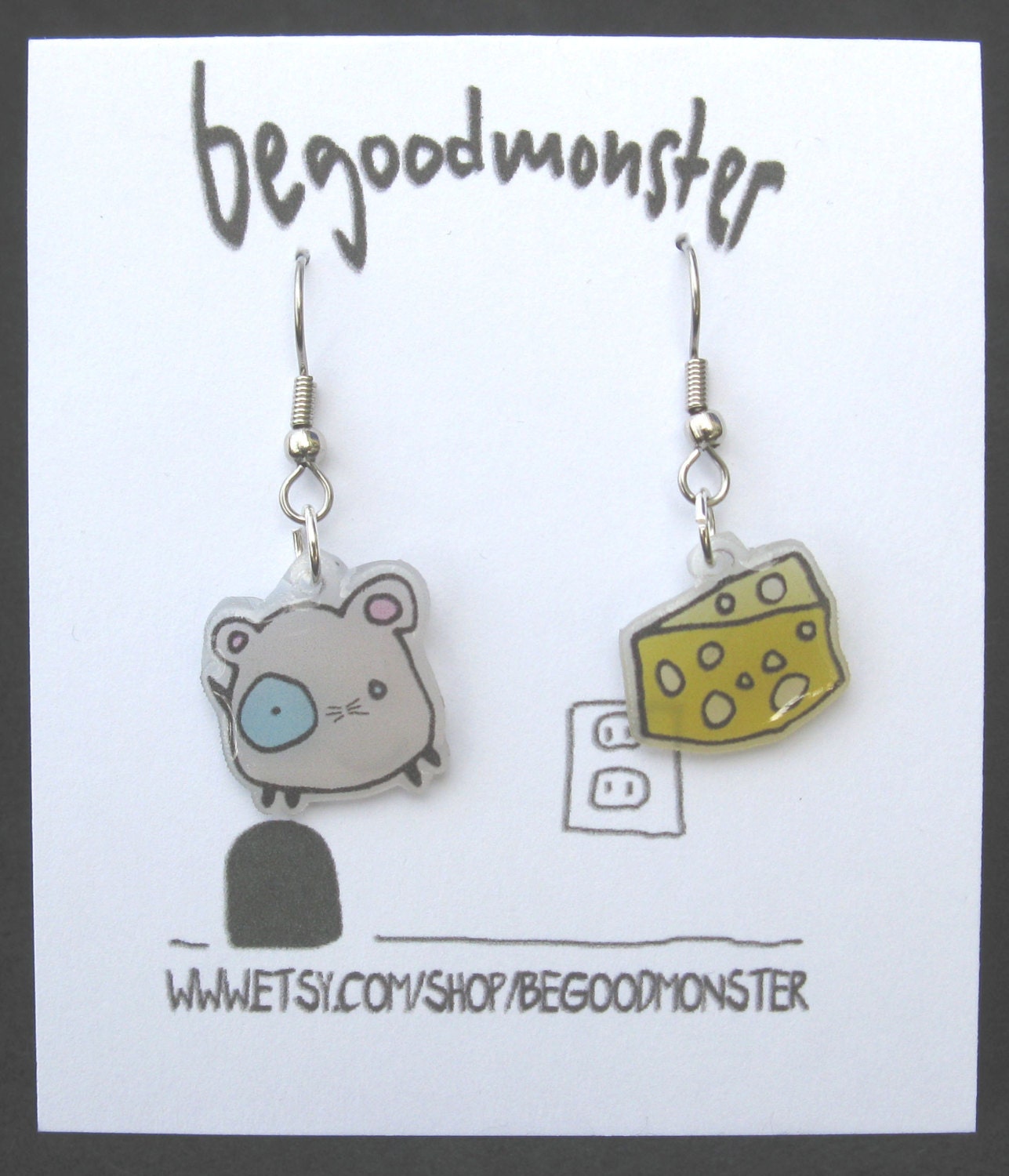 Mice Love Cheese Earrings  -  Dangle - Shrink Plastic - Yellow Grey Blue