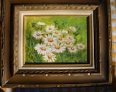Art, Painting, Wall Hanging, Daisies, Mid Century, Flowers Framed, Wood, Retro, Vintage, Picture, Greens, White, Orange, Cottage, Home Decor