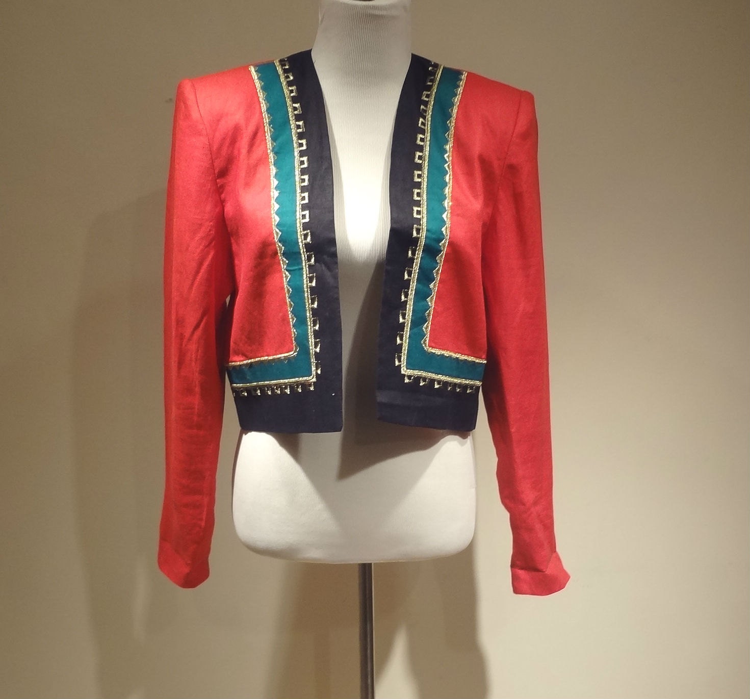 Vintage 1980's Ellen Tracy Red Teal Black & Gold Bolero Cropped Jacket Spanish Style M