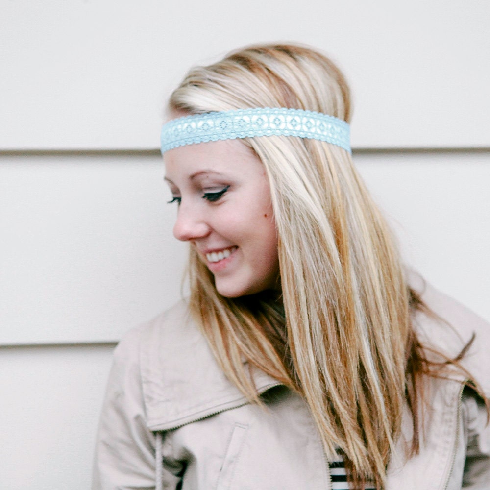 Baby Blue Aqua Skinny Stretch Lace Headband 1 inch wide Perfect for Easter