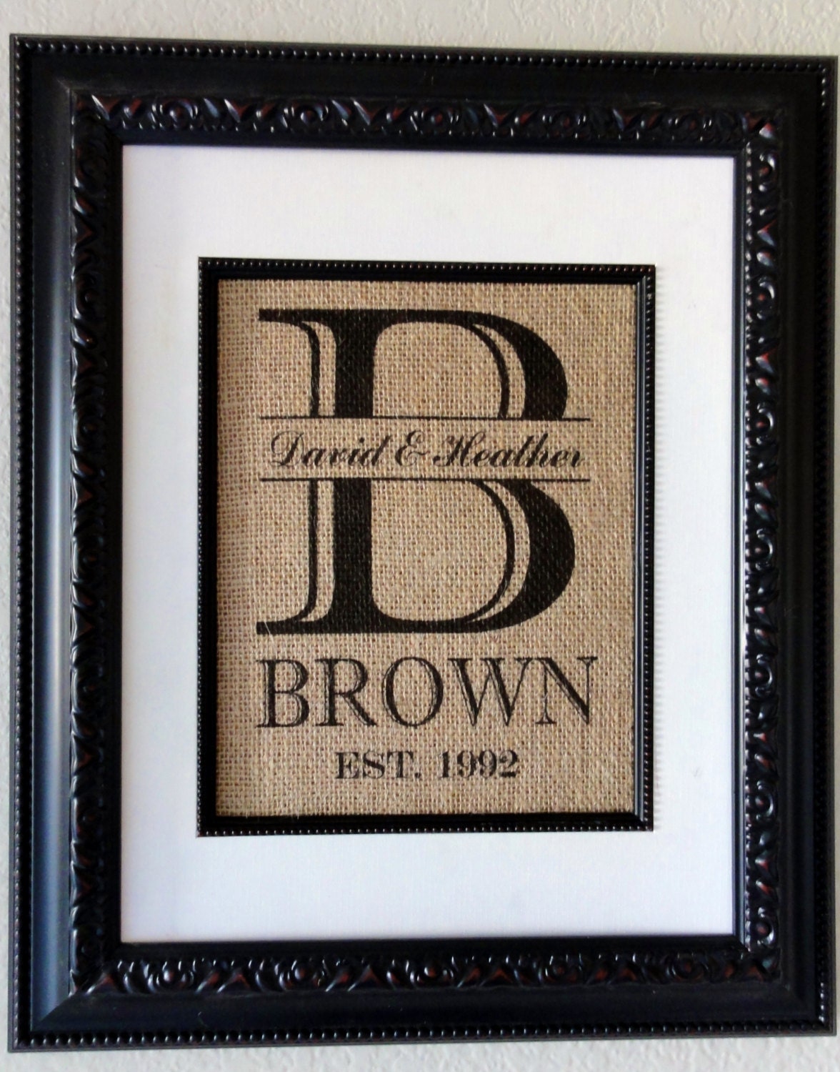 Personalized Burlap Art- Monogram with Last Name, Couples First Names and Est. Date- Perfect Wedding, Anniverary or Shower Gift