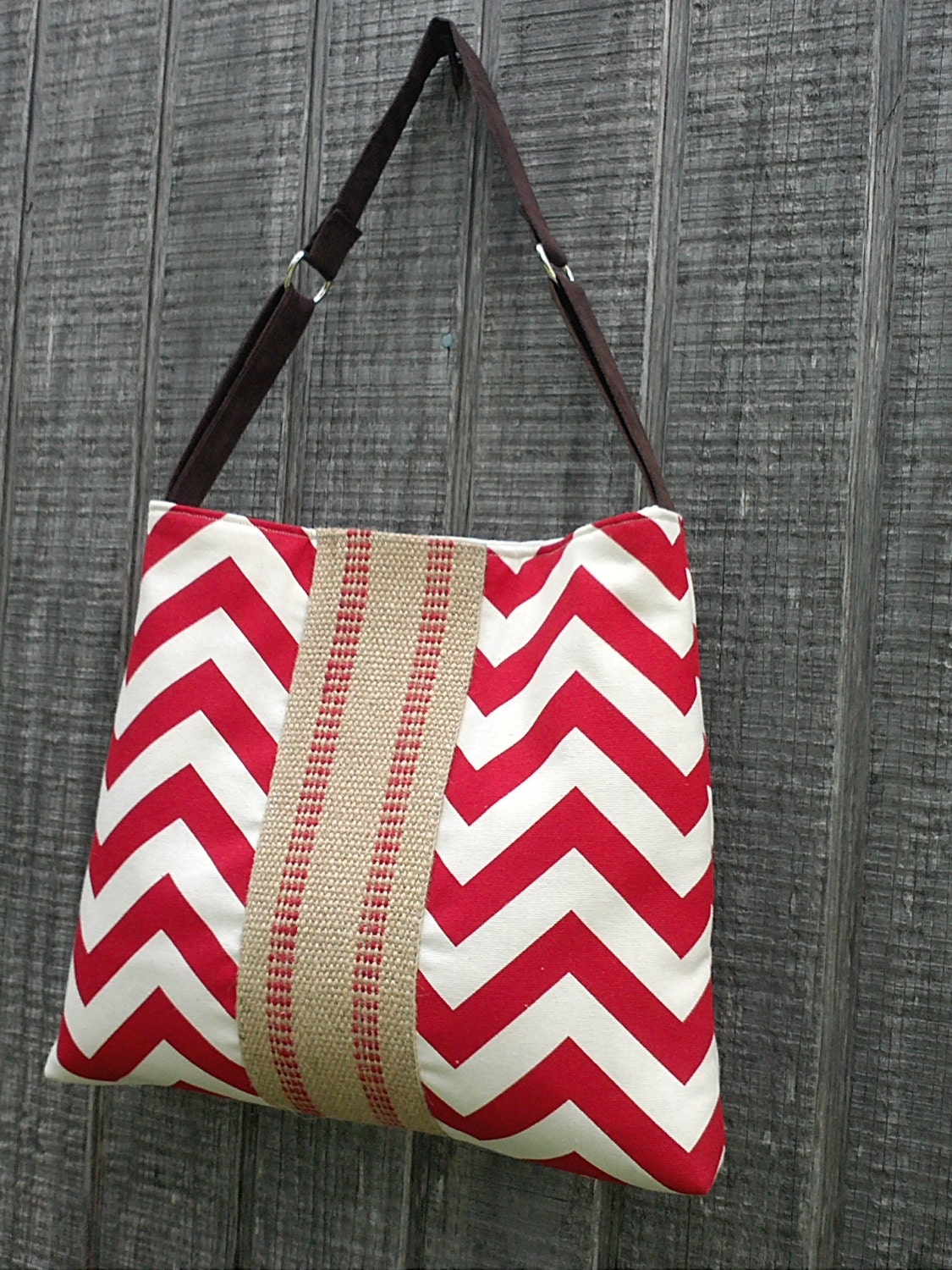 Handbag Tote with Chevron and Jute Webbing in Red