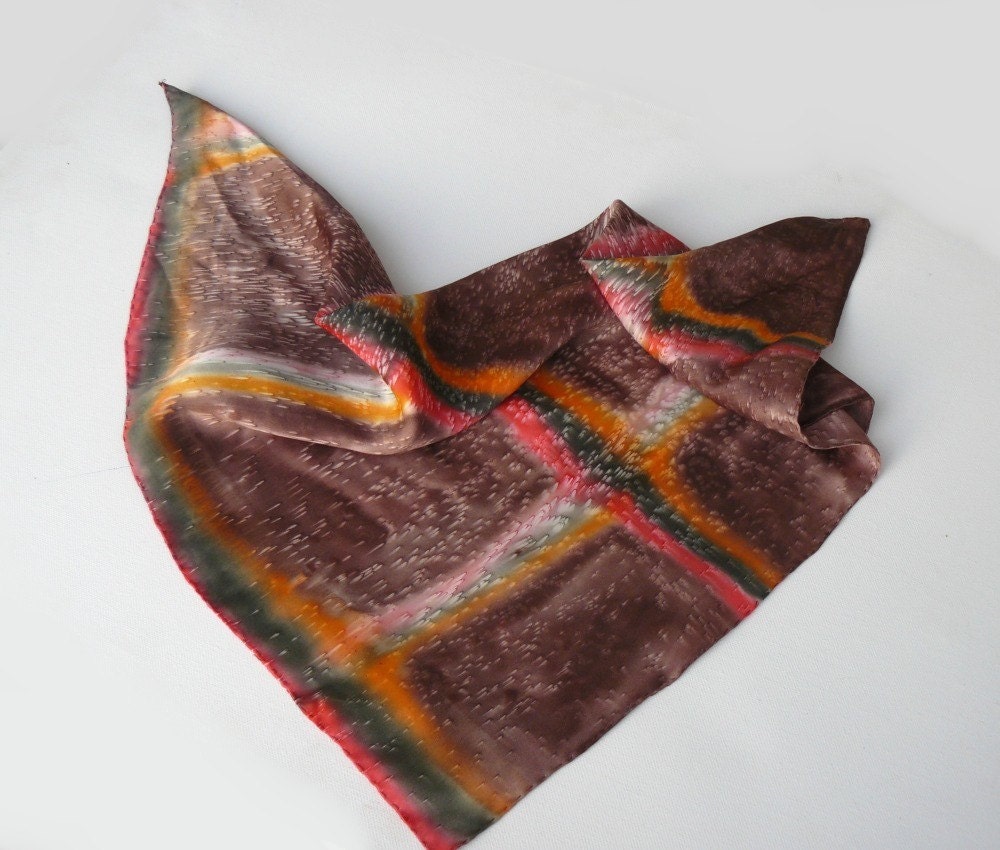 Striped Silk Satin Scarf - Hand painted modern scarf, coffee brown, bistre