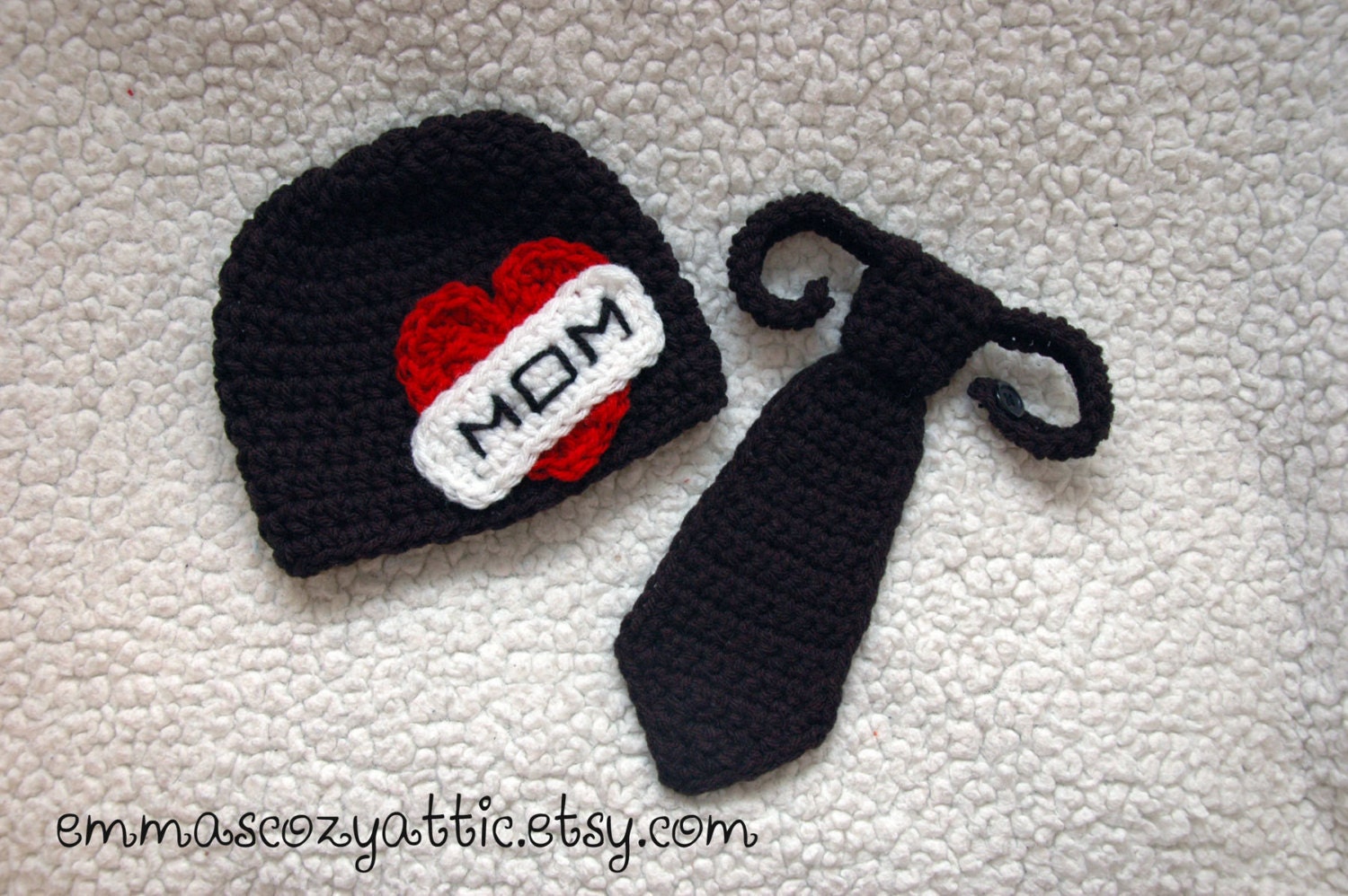 Newborn boy hat baby boy hat and necktie set photography prop infant boy photo prop love mom heart tattoo beanie crochet knit - MADE TO ORDE