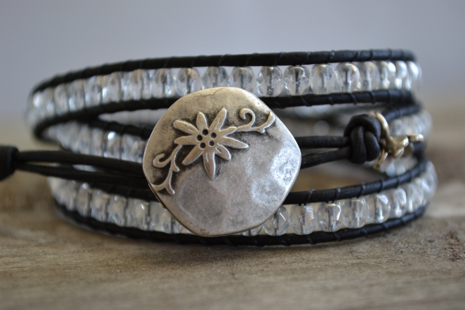 A gypsy's soul, diamond like beaded, black leather triple wrap bracelet, Rustic Country, Gypsy,  Boho chic, bohemian, Chan Luu style