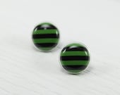 Black and Green Stud Earrings 20mm - Green Striped Earrings - Black Striped Earrings - Striped Jewelry - Striped Stud - Stainless Steel Post
