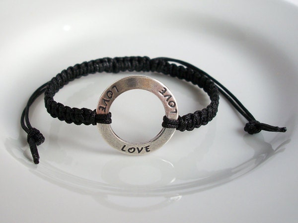Custom Color Silver Love Charm Bracelet, Love Karma Ring Adjustable Square Knot Friendship Macrame Bracelet