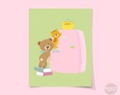 Nursery art print, Children's art print. A baby bear and a kitten caughts in the act while trying to take cookies, 8x10, Archival art print.