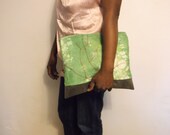 Clutch, Purse, Cotton,Canvas, Hand Tie Dyed, Lime Green, Red, black, tie dyed, Faux brown leather trim - Large size Clutch
