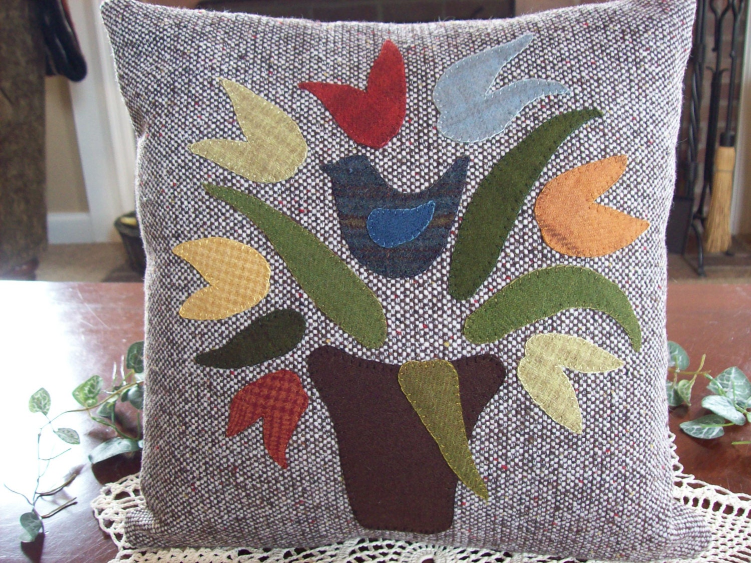 Folk Art Blue Bird Sitting in the Tulips on Brown Tweed Pillow Slipcover