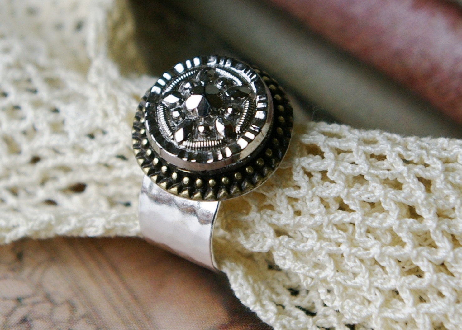 Antique Button Ring, Silver Glass Victorian Button Ring, Vintage Button Jewelry, Upcycled Jewelry, OOAK