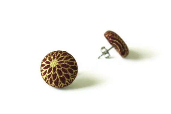 Gold Flower on Dark Red Maroon Fabric Covered Button Earrings