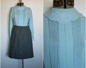 Vintage Blue Scalloped Embroidered Bib Collar Pleat Front Button Up Blouse