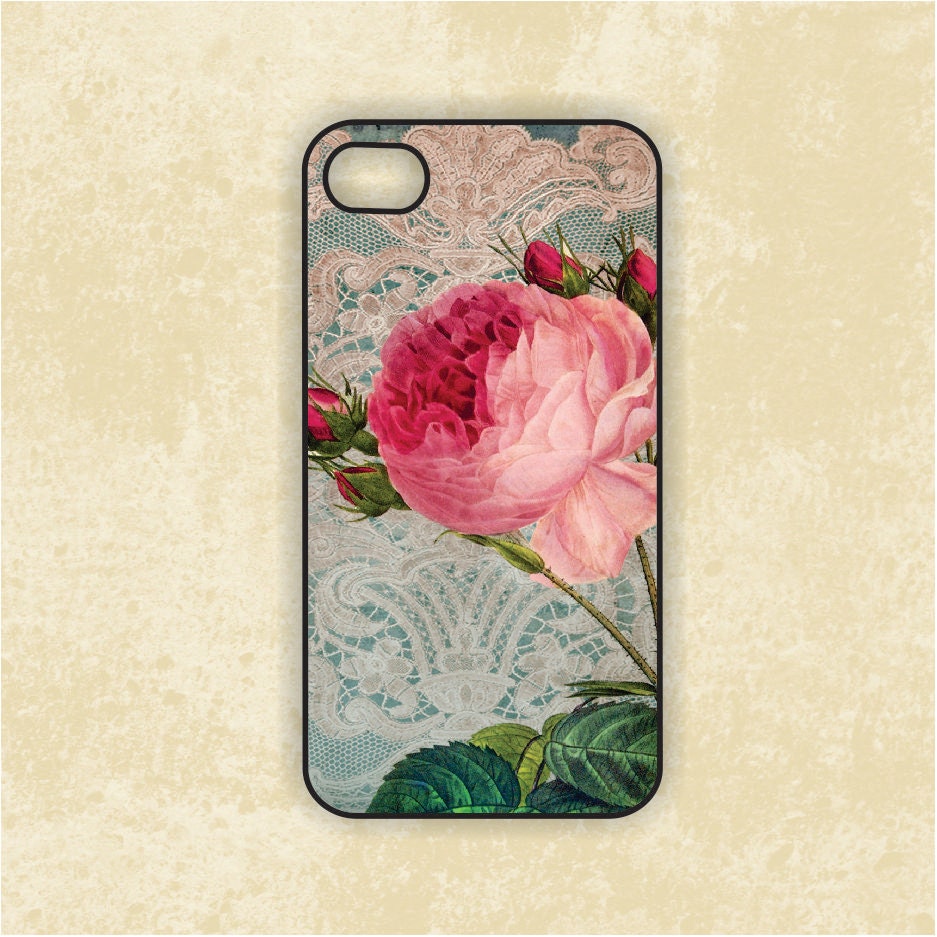 RUBBER iPhone 4 Case - Vintage Lace with Rose iPhone Case, iPhone 4s Case, Cases for iPhone 4